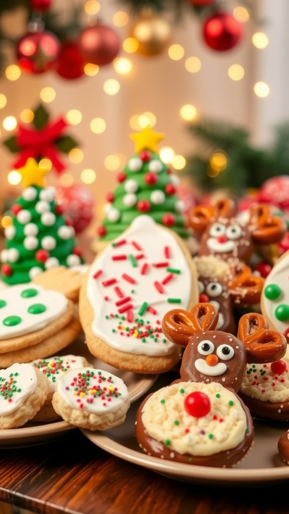 A variety of Christmas desserts including sugar cookies, chocolate pretzels, and Rice Krispie treats in a festive holiday setting.